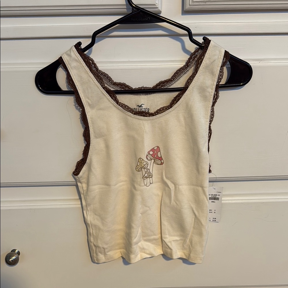 Hollister Cream and Brown Lace Trim Tank Top